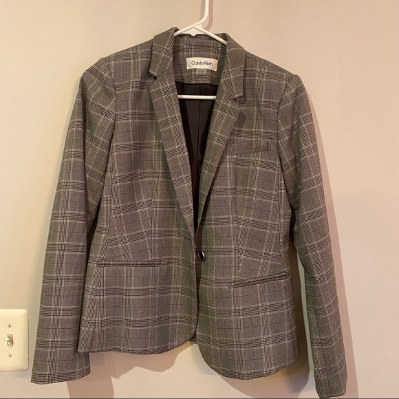 CALVIN KLEIN Womens Gray Embellished Plaid Blazer Jacket Petites Size 4P - Picture 1 of 6